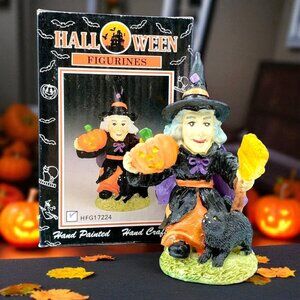 Vintage Wicked Witch & Black Cat Figurine 1970s Halloween Pumpkin w/ Box FHW